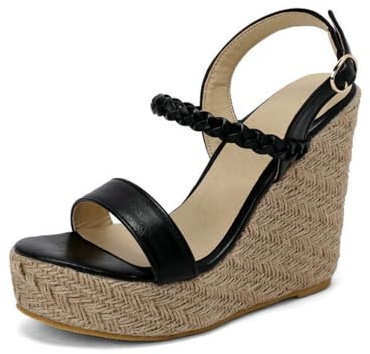 Generico Sandali con Tacco A Cuneo Espadrille Intrecciato Fascia Intrecciata Punta Aperta Tracolla Caviglia Regolabile in PU Primavera Spiaggia Vacanze Estate Casual,Nero,47.5 EU
