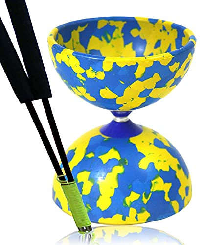 Jester Blue and Yellow Rubber Diabolo with Superglass Grind Diablo Sticks and String