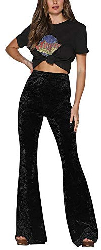 Vintage Women High Waist Gold Velvet Bell Trousers Ladies Wide Leg Flare Long Pants Evening Party Wear (Black M)