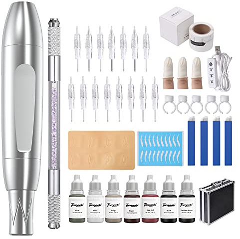 Charme Princesse Permanent Makeup Machine Tattoo Kit with Manual Pen Eyeliner Eyebrow Ruler Practice Skin Ring Cup Eyeliner Tattoo Supplies Pigments for Eyebrows EK516