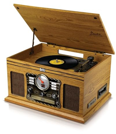 Tourne-Disque Retro- Britz - 50W- 33/45/78 Tours - USB SD/Bluetooth Radio FM/Lecteur CD/Cassette - 2 HP Stéréo - Bois