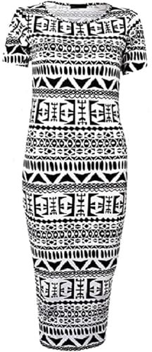 RIDDLED WITH STYLE Women's Cap Sleeve Scoop Neck Midi Dress Ladies Summer Plus Sizes Bodycon Dress Aztec