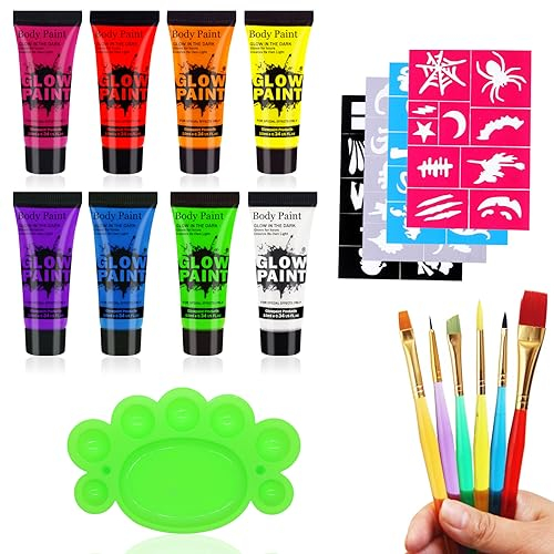 Horuili® Pintura Corporal Set de 8 Colores, UV Glow Pintura Corporal y Facial, Pintura Fluorescente de neón, Con 6 Cepillos y Bandeja, Adecuado para Halloween