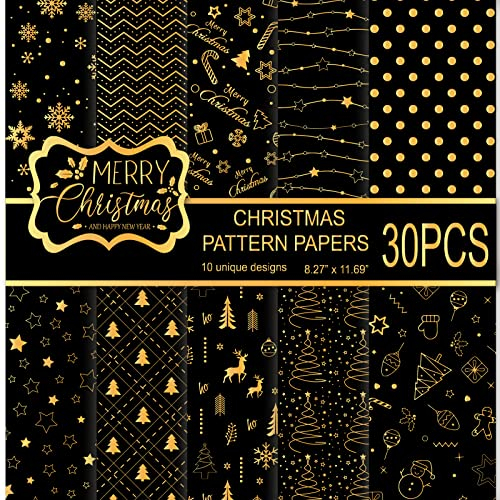 MIAHART 30 Blatt Weihnachtsmusterpapier-Set, A4-Format, Schwarz und Gold, Festival, dekoratives Bastelpapier, doppelseitig für die Kartenherstellung, Sammelalbum, 10 Designs