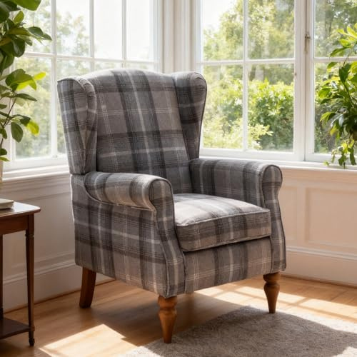 Chusstang Retro Accent Chair, Wingback Tartan Armchair Soft Padded, Retro Check Leisure Chair, Fabric Lounge Padded Sofa Chair for Living Room Bedroom - Gray