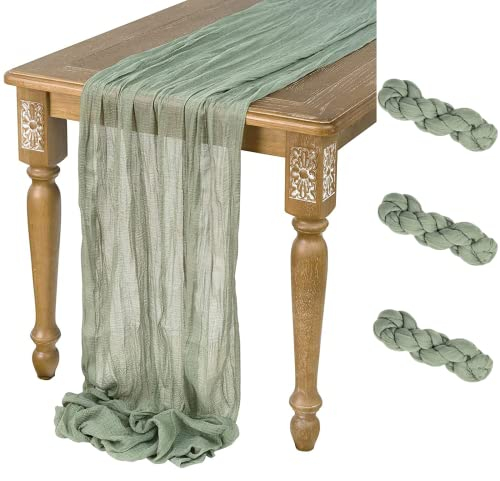 UIYIHIF Seihtuch-Tischläufer, lang, rustikaler Gaze-Tischläufer, romantisch, halbdurchsichtiger Stoff, Tischdecke für Boho-Hochzeit, Lauben, Geburtstag, Party, Salbeigrün, 3 Stück, 90 x 400 cm