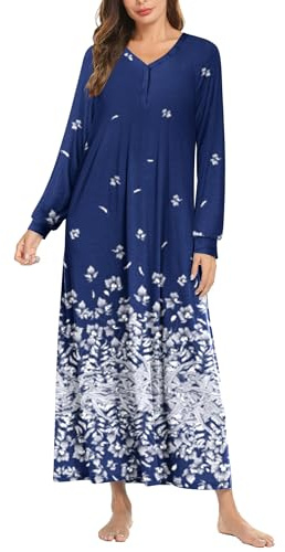 Ekouaer Womens Knit Long Sleeve Nightgown for Women Full Length Sleep Dress Full Length Housecoat Floral Blue L