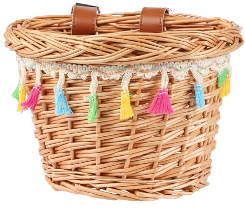 AVASTA Wicker Kids Bike Basket für 12, 14, 16 Mädchen & Jungen Fahrräder, Roller, Dreirad, kommen mit Lederriemen, dekoriert mit Quasten, Bunte Quaste Dekoration, Größe XS, Honig gelb