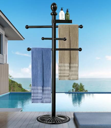 Poolhandduksställ utomhus, 6 barer, metall, kraftig, luta aldrig pooltillbehör med tung metallbas, badtunna tillbehör handduk döende ställ handduksstativ för pool, spa (övre bricka ingår) (137 cm)