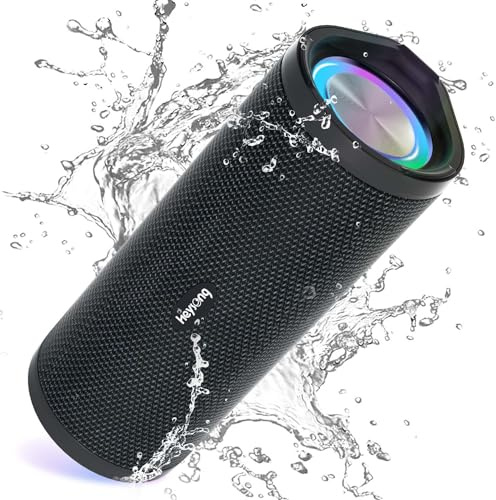 HEYSONG Enceinte Portable Bluetooth aux Basses Renforcées, Bluetooth 5.3, Étanche IPX7, Haut-Parleur Subwoofer à 360 Degrés, Autonomie 40 hrs, Stéréo, Lumière LED, AUX, TF Carte, pour Voyage/Extérieur
