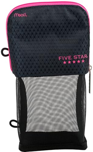 Five Star Pencil Pouch, Pen Case, Stand 'N Store Zipper Pouch, Fits 3-Ring Binder, Storage Organizer for Supplies Earbuds Chargers Cables Makeup, Navy/Pink (505160B-ECM)