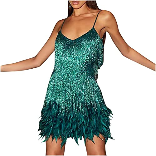 AEGJEGVD Robe Soirée Paillette Samba - Charleston Franges Sexy Rockabilly Mini Costume pour Danse Latine et Gala Mariage
