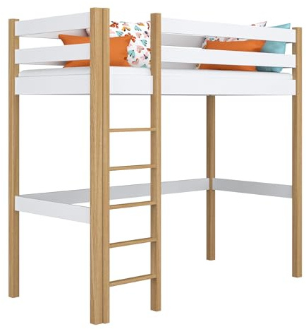 N-wood N05 Hochbett, Etagenbett 90x190 cm, aus Eichenholz, 2 Leitermontageseiten: Links oder rechts, sichere abgerundete Kanten, Stabile Massivholzkonstruktion, Hochwertige Materialien, Weißeiche