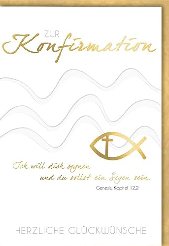 Verlag Dominique Konfirmationskarte Wellen und goldener Fisch - mit Umschlag