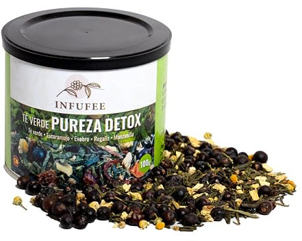 Infusión Detox de Té verde, escaramujo, enebro, regaliz y manzanilla - Infusión depurativa - infusión digestiva - Té de hierbas dietética - Lata 100 gramos