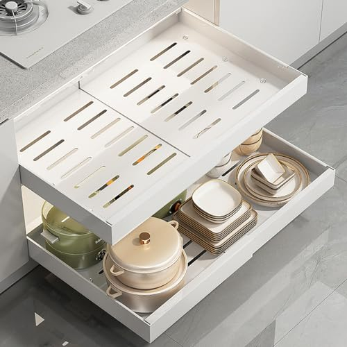 DZAY Teleskopschublade Pull Out Drawer,Ausziehbare Schublade Küche zum Kleben Küchenorganisator Küchenschrank Organizer,Kein Bohren und Nageln erforderlich Schrank Organizer (Weiß, 32-48cm)
