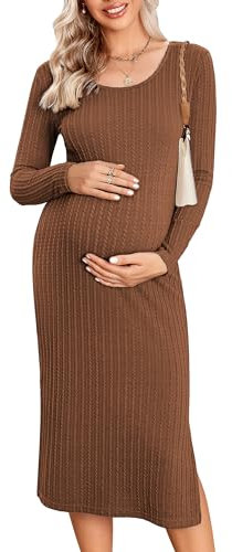 Ekoauer Damen Umstandskleid Langarm Winter Bodycon Kleid Elegant Schwangerschaftskleid Umstandsmode, Braun, L