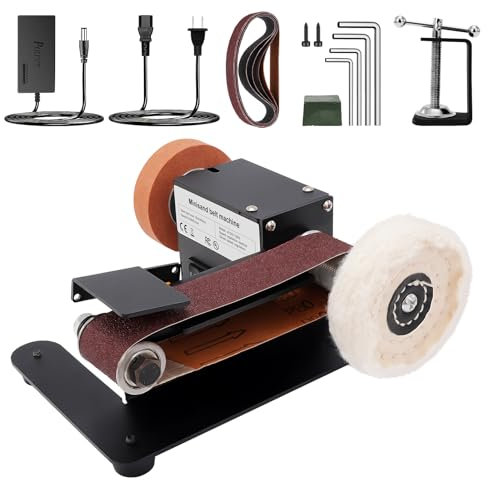 Yofuly Mini Belt Sander, 350W Bench Grinder Polisher Sanding Machine Adjustable Angle Electric Bench Sander with 10pcs Sanding Belts, 7 Adjustable Speed for Metal Woodworking Knife Making (UK Plug)