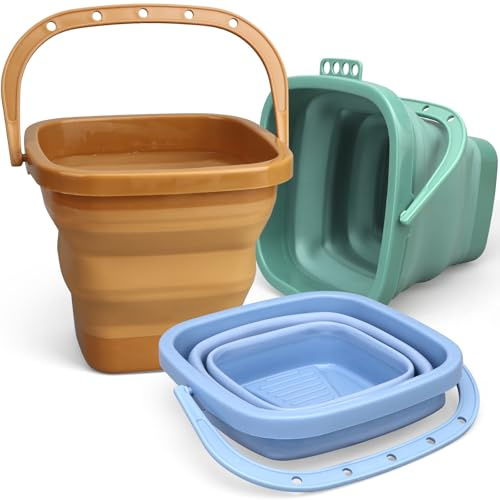 Beach Toys 3PCS Collapsible Bucket Sets for Toddlers, Sand Party in Summer Foldable Silicone Bucket for Kids Adults (Brown/Blue/Green)