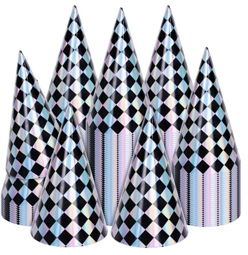 FYSUIMU 30Pcs Iridescent Checkered Birthday Party Hats Holographic Black Checkerboard Design Paper Cone Hat for Race Car Theme Birthday Party Supplies, 5.5 x 7.9 Inch