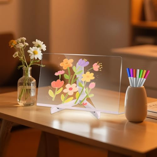 Jubor Tableau Acrylique Lumineuse Message LED, Tableau D'écriture LED Lumineux Transparent avec 7 Stylos de Couleurs et Support Réglable, Cadeau Créatif pour Enfants Petite Amie, 30 x 20 cm