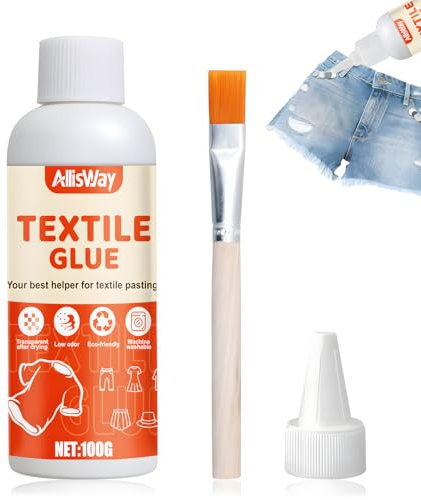 Allisway Textil Kleber, Stoffkleber Textilkleber Waschmaschinenfest, Textilkleber Extra Stark, Kleben Statt NäHen, Transparent Nach Dem Trocknen, Maschinenwaschbar, für Alle Textilien Geeignet, 100 G