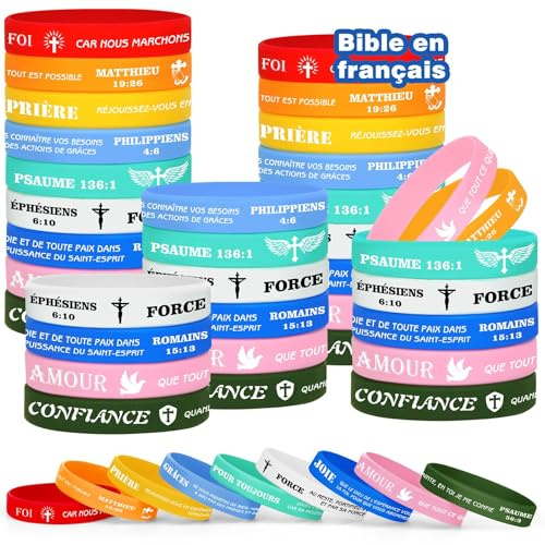 HONTIUS Bracelets en silicone bibliques, 72 pièces Élastiques en Silicone Bracelets Chrétien inspirant en caoutchouc élastique Religieux versets bibliques pour Homme Femme École Noël Pâques A