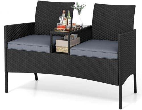 GIANTEX Canapé extérieur rotin 2 places ensemble conversation table basse intégrée coussins amovibles meubles osier jardin balcon véranda (gris)