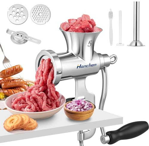 Hanchen Picadora de carne manual de acero inoxidable Nº 5, picadora de carne con relleno de salchichas, máquina de carne manual con placas de corte de 8 mm y 4,5 mm