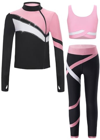 Oyolan Enfant Fille Ensemble Sport Survêtement Veste Débardeur Legging Gym Tenue Gymnastique Patinage Danse Entraînement 5-16 Ans