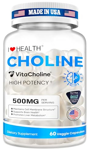 Award Winner -Clinically Dosed 500mg VitaCholine ® - 60 Caps - Liquid Choline Supplement –Support Pregnancy & Baby Brain & Liver Health LDL & HDL Level - Cognitive Health - Made in USA