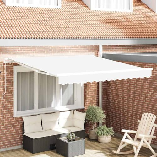 Einziehbare Markise Weiß 350x250 cm, Polyester-Aluminium-Terrassenüberdachung, Manueller Sonnenschutz für Garten und Außenbereich
