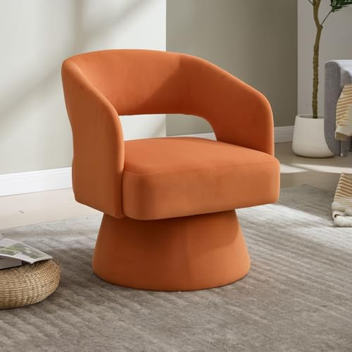 Sweiko Fauteuil décoratif pivotant à 360°, Fauteuil Rond Moderne et Confortable en Velours, Dossier Ouvert, Rembourrage en Mousse Moelleuse, piètement pivotant en métal pour Le Salon (Orange)