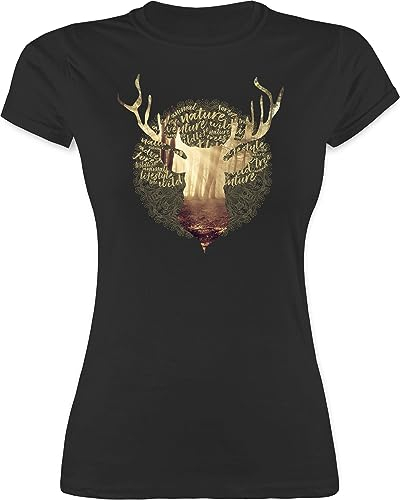 Shirt Damen - Kompatibel mit Oktoberfest - Hirsch Motiv Geschenk Jäger I Hirschgeweih Tracht - M - Schwarz - trachtentshirts trachtenshirt bayrische Jaeger Tshirt trachtenoberteile