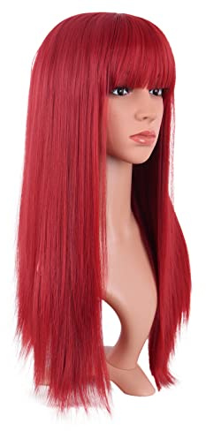 MapofBeauty 24 Inch/60 cm Women Long Straight with Flat Bangs Synthetic Hair Heat Resistant Fiber Hair for Party Cosplay Wig (Red)
