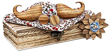 PSZYQF Noeud Papillon Bois Forme Moustache 4pcs Noeud Papillon Carrés de Poche Boutons de Manchette Broche en Bois à Fleurs Set pour Hommes (C3, 4Pcs), Taille unique