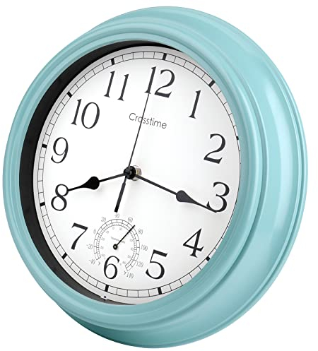 30,5 cm lange Outdoor-Uhr mit Thermometer, Vintage-Wanduhren für Innen- und Außenbereich, für Terrasse, Pool, Garten, Heimdekoration, Blaugrün