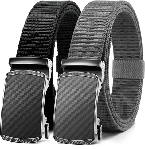 CHAOREN Black and Grey Ratchet Belts for Men 2 Pack - Casual Web Nylon Mens Belt 1 3/8 - Automatic Adjustable Buckle Fit Jeans