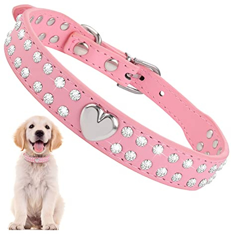 Cobee Kristallhalsband för hund och katt, bling, PU-läder, husdjurshalsband, strass, valphalsband, diamant, justerbart halsband, blinghalsband för små, medelstora husdjur, hund, katt (S)