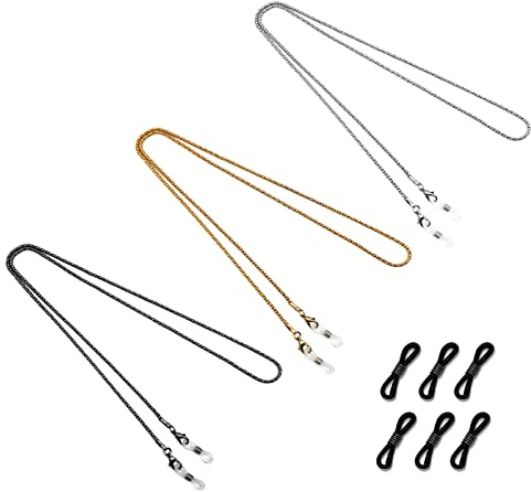 Desenda 3 Pcs Eyeglass Chain Neck Cord Sunglass Neck Strap Holder with 6 Pair Silicone Anti-slip Rings Spectacles Straps Lanyard Eyewear Strap for Men & Women (Silver Golden Black)