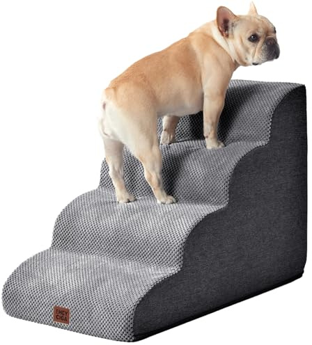 EHEYCIGA Hundetreppe für Kleine Hunde 50 cm Hoch, Haustiertreppe für Sofa Bett, Treppe für Hunde aus Hochdichtem Schwamm, Hunderampe mit Waschbarem Bezug und Rutschfestem Boden, 4 Stufen, Grau