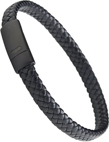 Forge & Foundry Men's Genuine Interwoven Leather Braided Bracelet with Matte Black Stainless Steel Clasp | “Hanover” (Plain Black, Small)