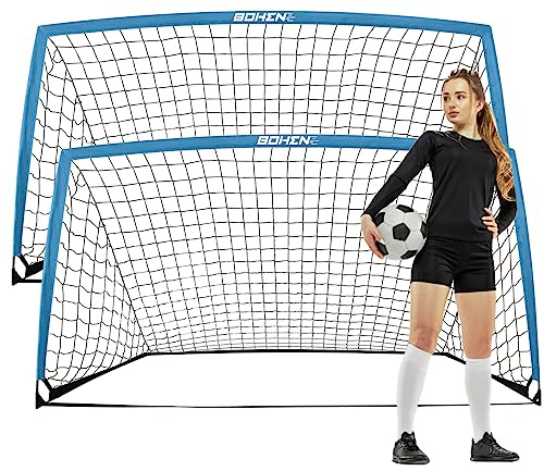 BOHEN 9x5FT Portable Soccer Goal for Kids Backyard with Carry Bag - Easy Folding Lightweight Fun for Outdoor Indoor Training Games for Teen Youth Adult (Blue, 9x5FT, 2 Pack)