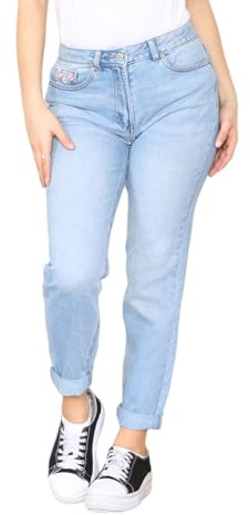 Womens Mom Jeans Tapered Leg Straight Ladies High Stretch Denim Pants Light Blue Waist Size 12