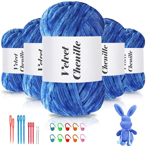 Maxee 500g(5×100g) Samtig Babywolle, Samt Chenille Garn mit Häkelwerkzeuge, Kuschelweich Velvet Chenillegarn Flauschige, Weich Plüschwolle Häkelgarn Wolle zum Stricken & Häkeln