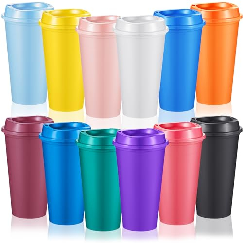FillTouch 12 Pcs Reusable Coffee Cups with Lids 16 oz Travel Hot Cups Microwavable Plastic Tumblers Coffee Mugs Party Birthdays Gifts Adult for Hot and Cold Drinks Favors (Bright Colors)