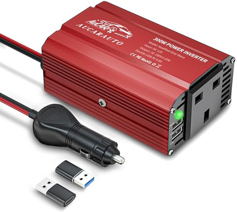 AUCARAUTO 300W Car Power Inverter 12V to 240V / 230V Modified Sine Wave Voltage Converter with USB-A 4.8A Charging Ports, Durable Aluminum Body, Charge Your Laptop, iPhone, Tablet - Red