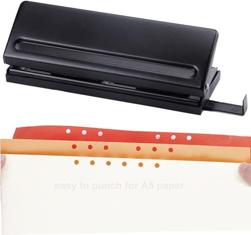 Kongming Locher 6 - Loch DIN A5 Ringbuch, Metall 6 Fach Locher mit 8 - Blatt - Stanzkapazität, Verstellbarer Abstände 6 - Loch Locher für A3, A4, A5, A6, B3, B4, B5, B6, B7 Größen Stammbuch, Schwarz