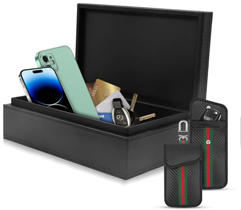 Faraday Box för bilnycklar (svart) – RFID-signalblockerande fodral i premiumläder med 2 kolfiber Faraday-påsar, stöldskydd för telefoner och kort