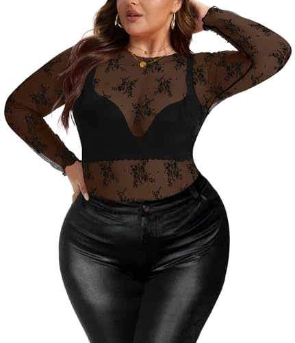 AYIFU Women's Lace Mesh Top Sheer Plus Size See Through Floral Long Sleeve Mock Neck Blouse Tops (Black, 3XL)